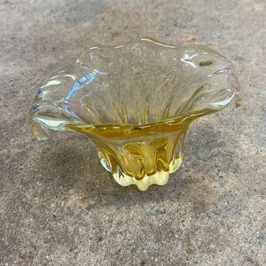 Double Handle Tulip Shaped Scalloped Amber to Clear Art Glass Bowl Compote Vase